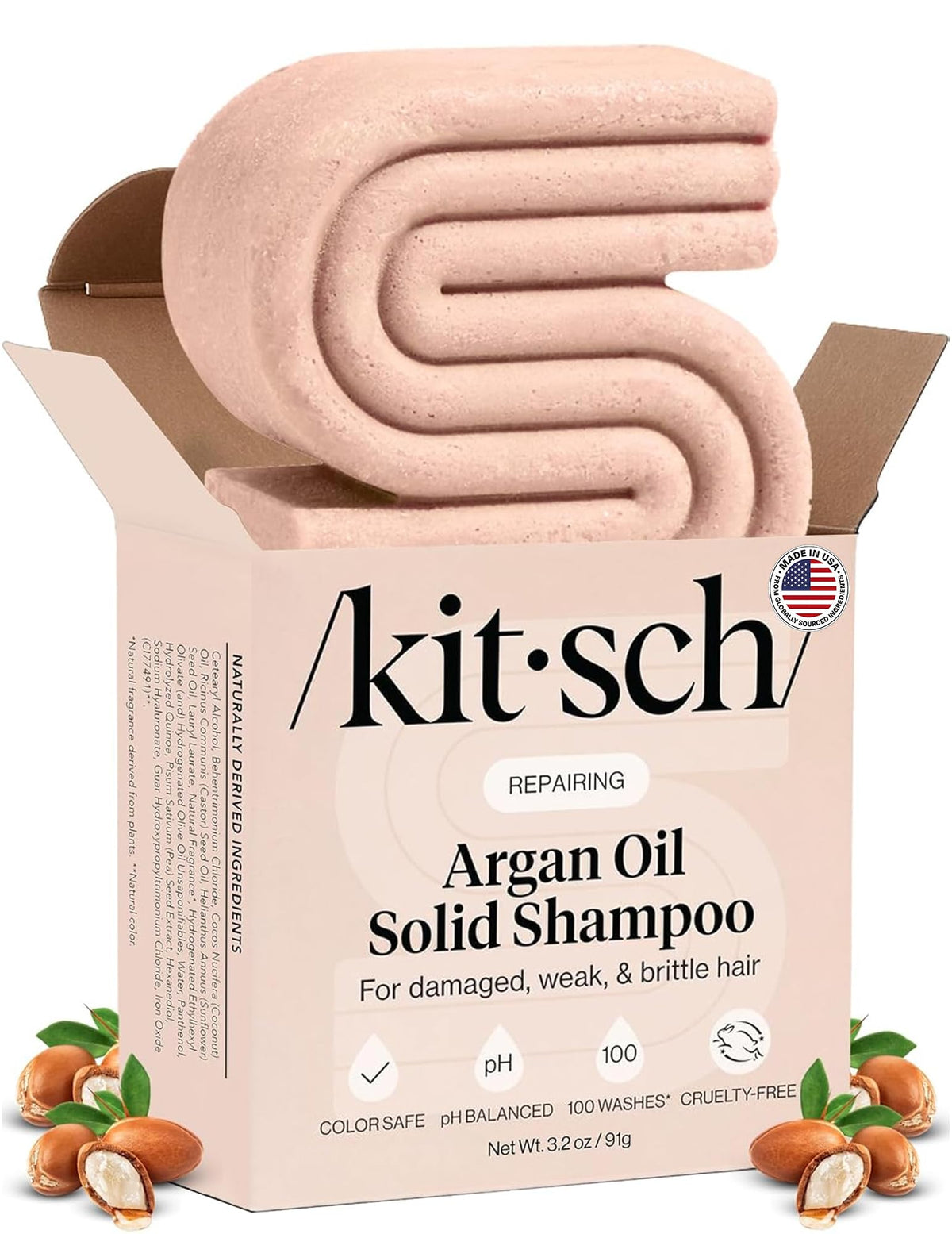 Kitsch shampoo bar front packaging showing compact, travel-ready design and benefits