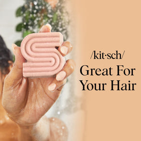 Kitsch shampoo bar label close-up showing key ingredients and clean formula benefits