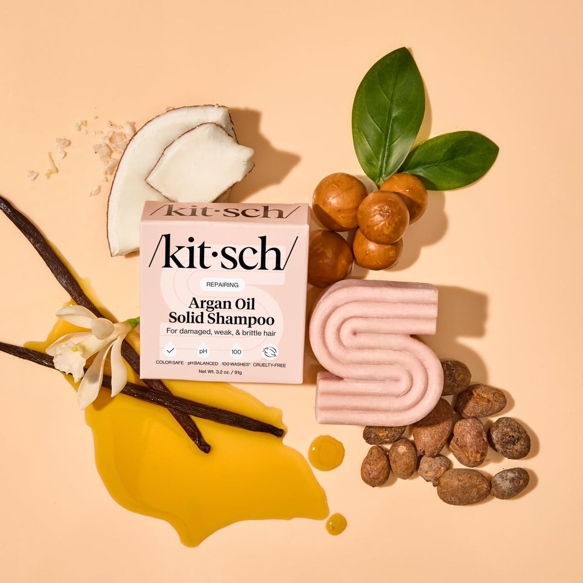 Kitsch shampoo bar on recyclable box emphasizing sustainable packaging and waste reduction