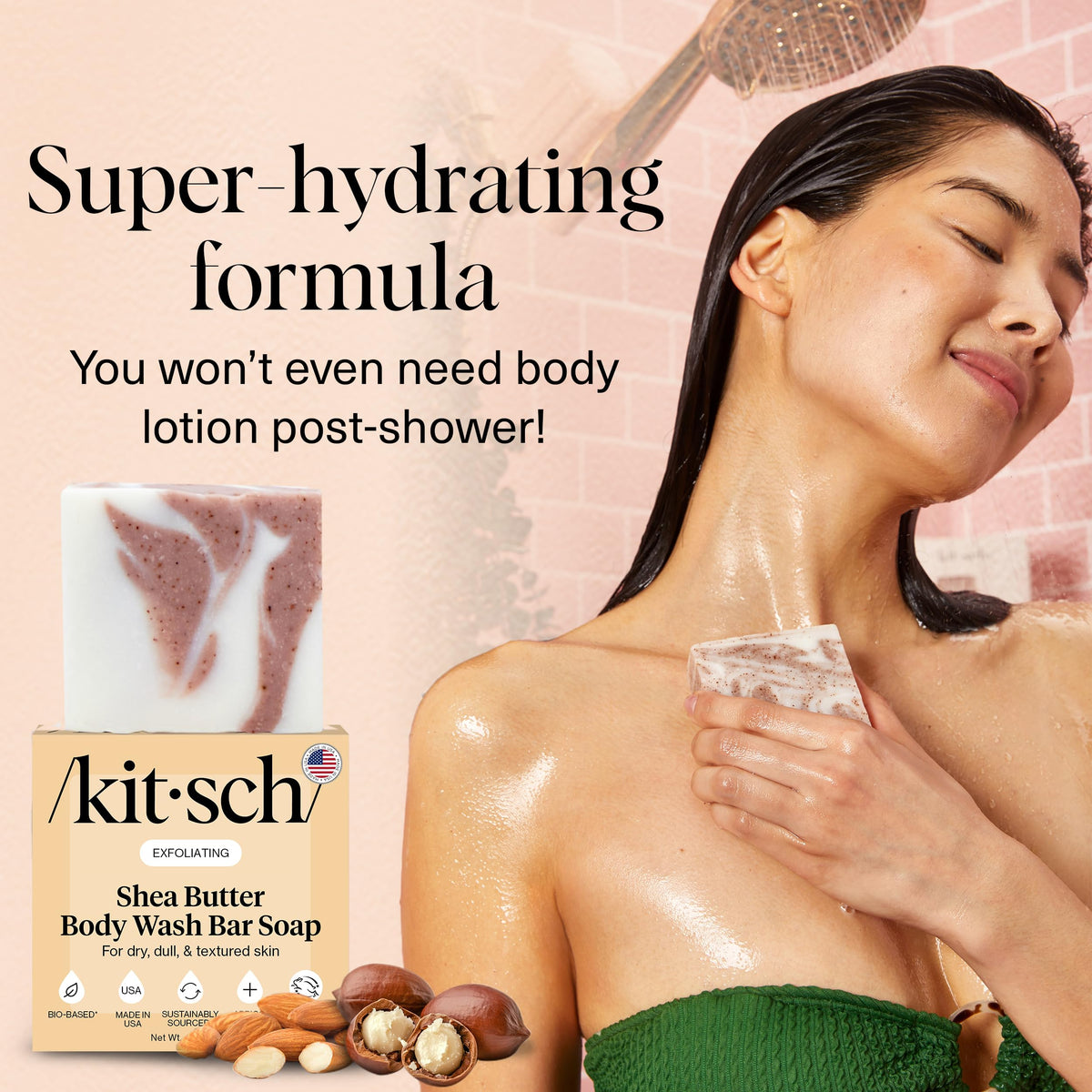 Kitsch bar generating rich lather in hand for moisturizing cleansing benefit