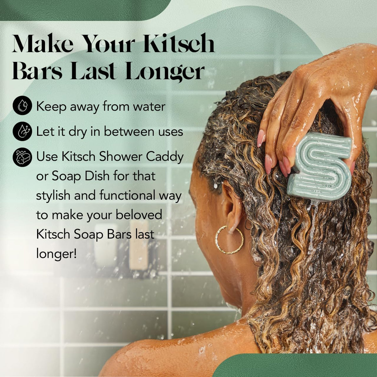 Kitsch bar resting on draining soap dish demonstrating dry-storage longevity benefit