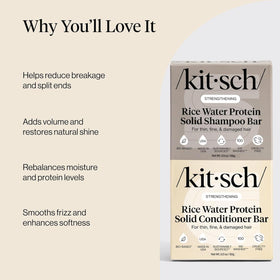 Kitsch solid shampoo and conditioner bars in hand to show scale and portability