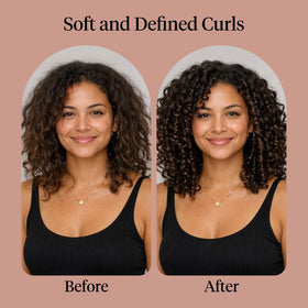 Kitsch before and after on curly woman showing defined, softer curls