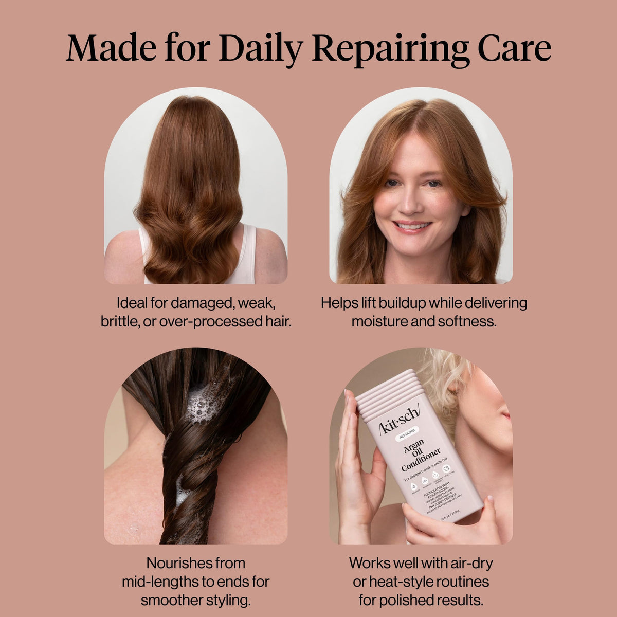 Kitsch before and after showing smoother, shinier hair results