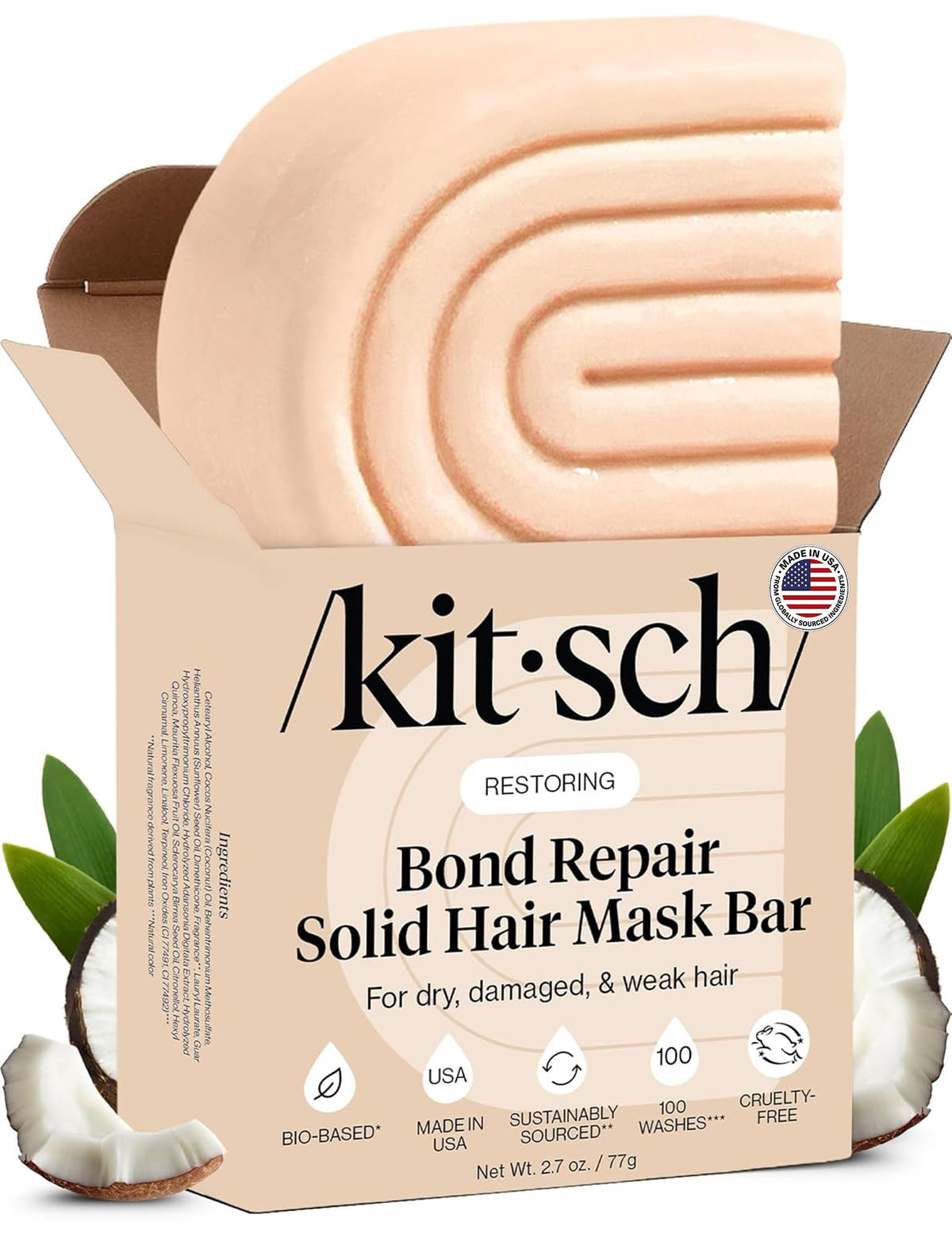 Kitsch front packaging showing compact solid hair mask and benefits