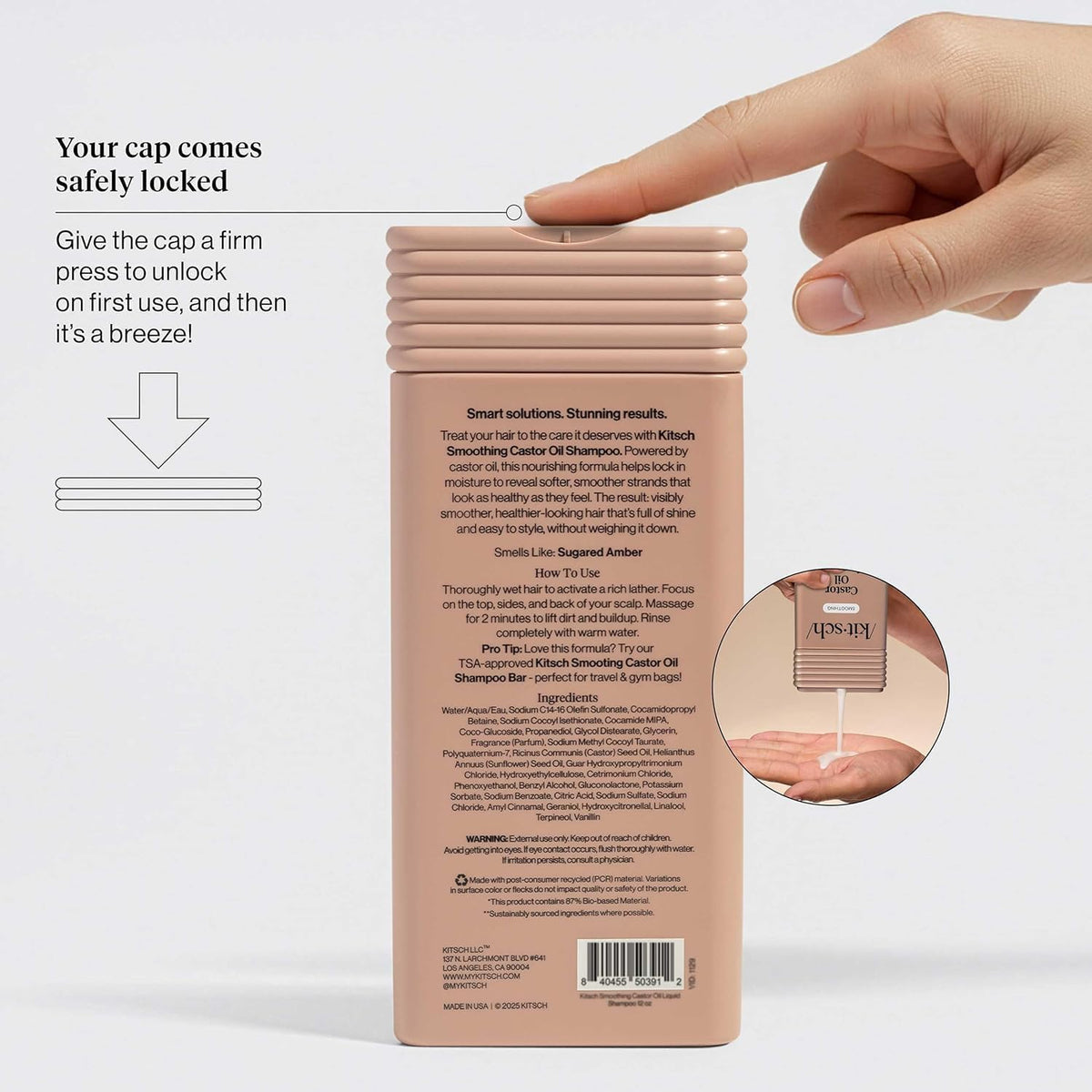 Kitsch bottle label highlighting recyclable PCR packaging and eco-conscious benefit