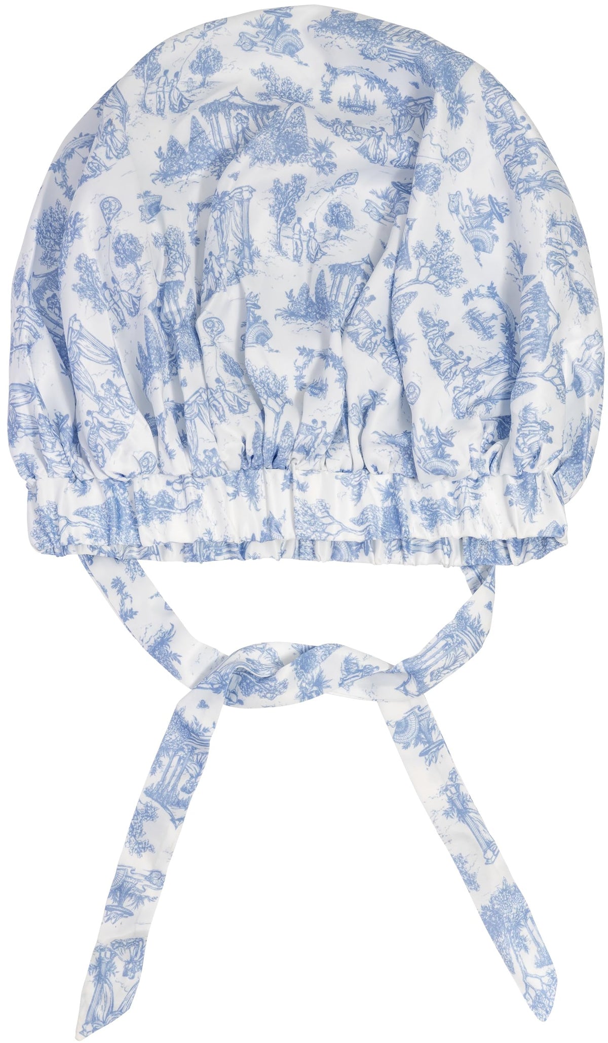 Kitsch Garden Toile bonnet front view showing full print and elegant fit benefit preserving hair
