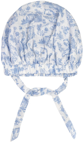 Kitsch Garden Toile bonnet front view showing full print and elegant fit benefit preserving hair