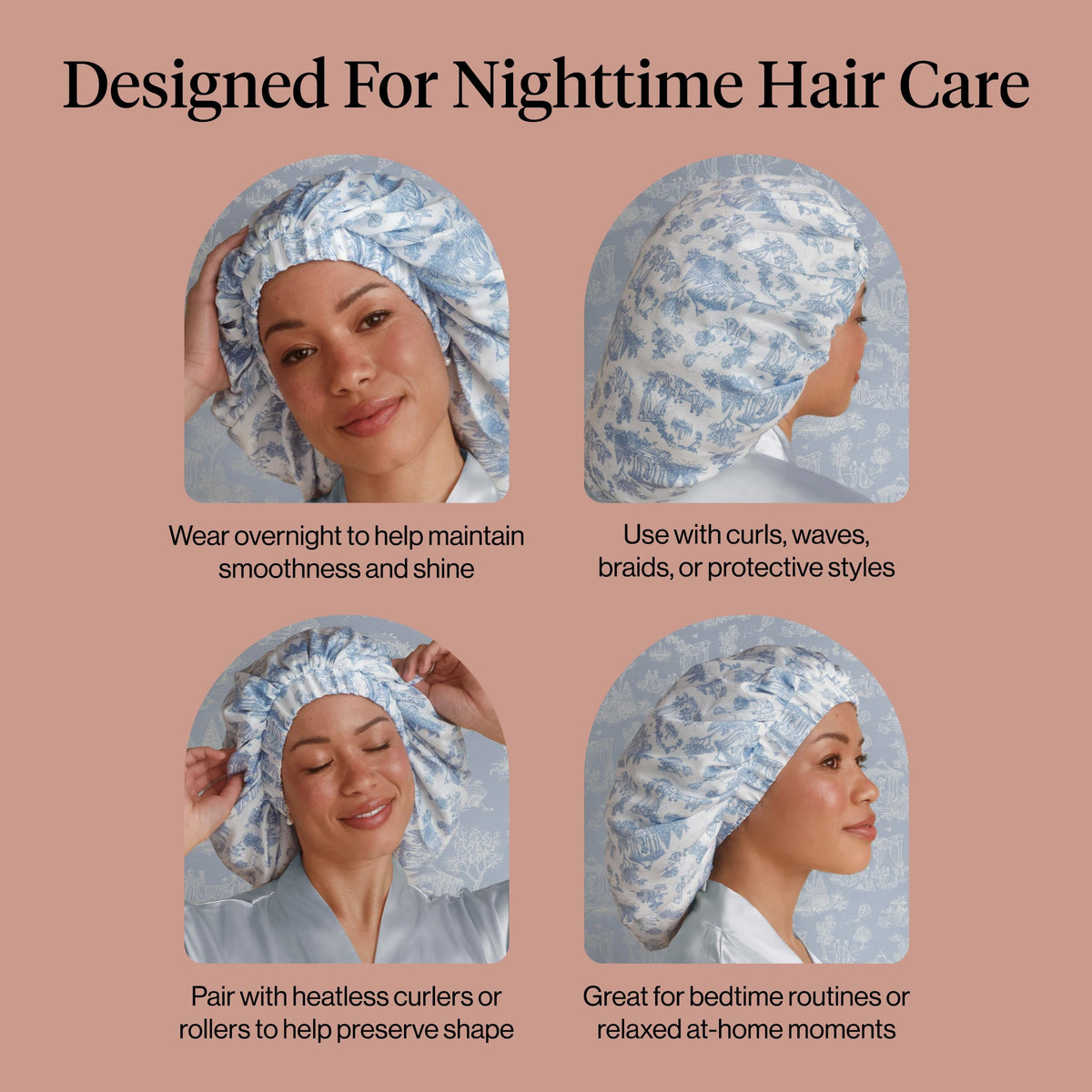 Kitsch model sleeping in bonnet demonstrating overnight frizz prevention benefit