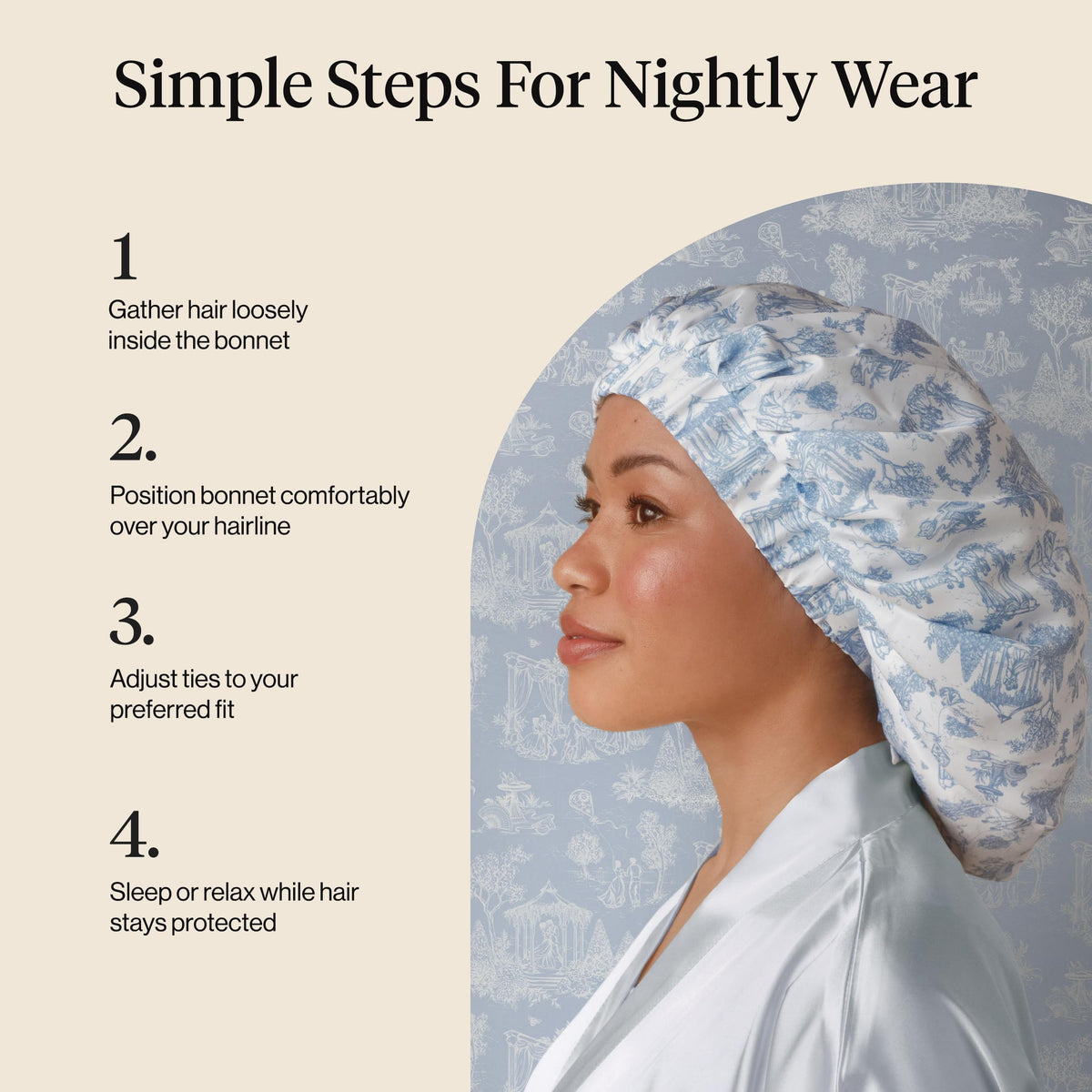 Kitsch bonnet worn with rollers showing compatibility with heatless styling benefit