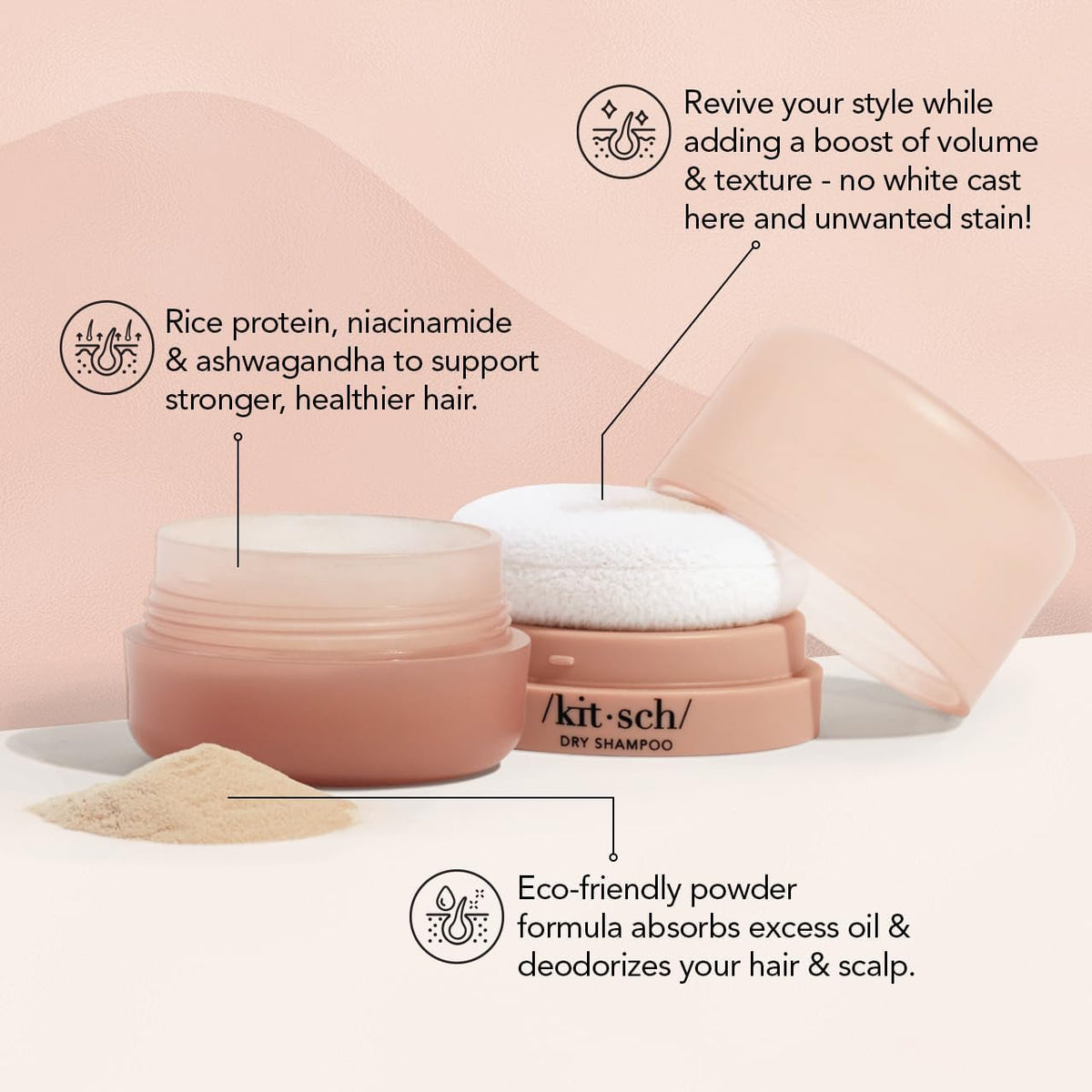 Kitsch close-up of built-in puff for precise, mess-free application