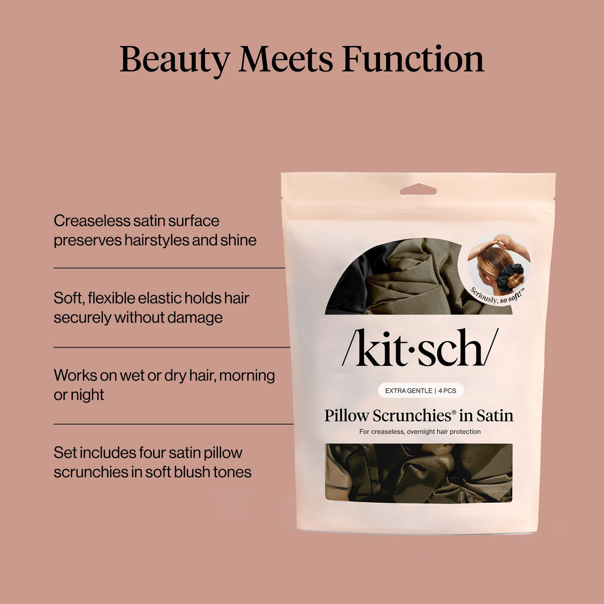 Kitsch wrapped around a bun showing smooth finish and reduced frizz benefit