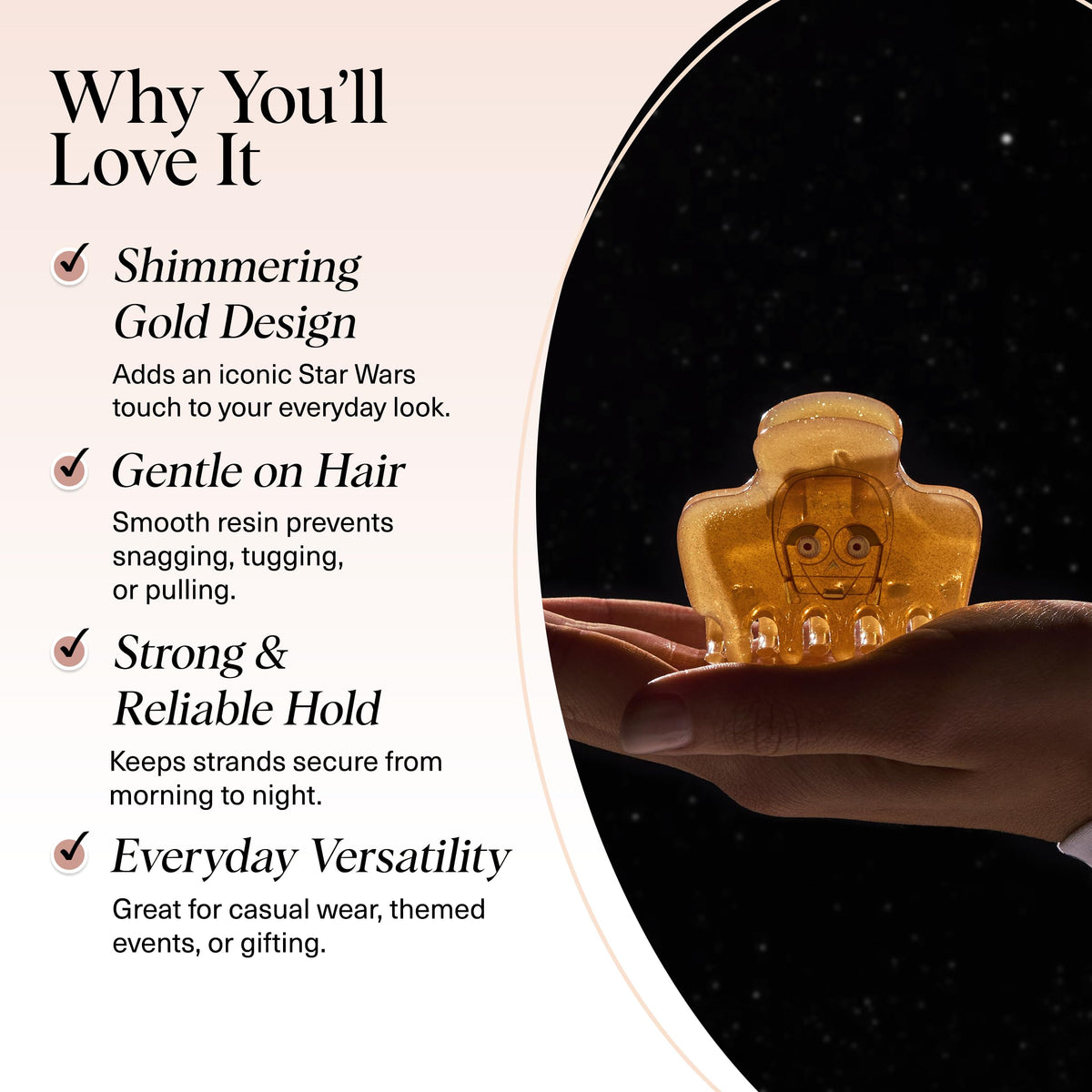 Kitsch C-3PO close-up glitter finish capturing light, provides sparkling style accent