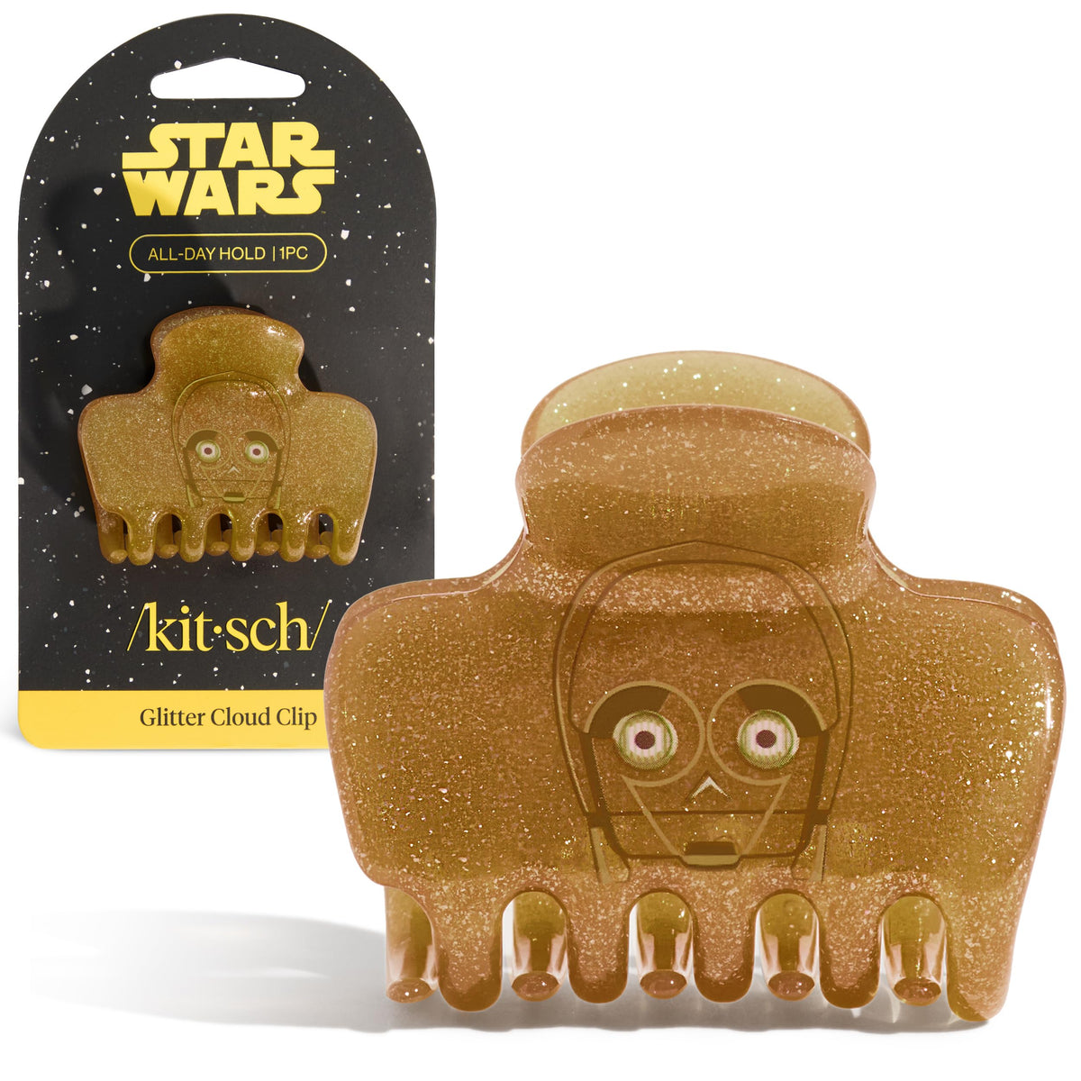 Kitsch C-3PO front packaging showing golden glitter clip and brand logo, adds fandom flair