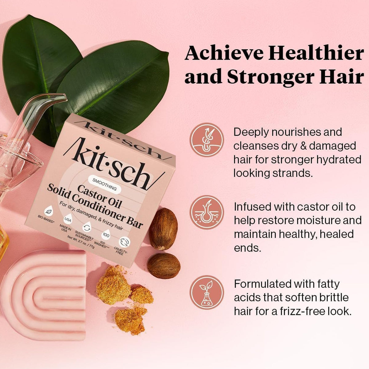 Kitsch castor oil conditioner bar top view highlighting compact shape