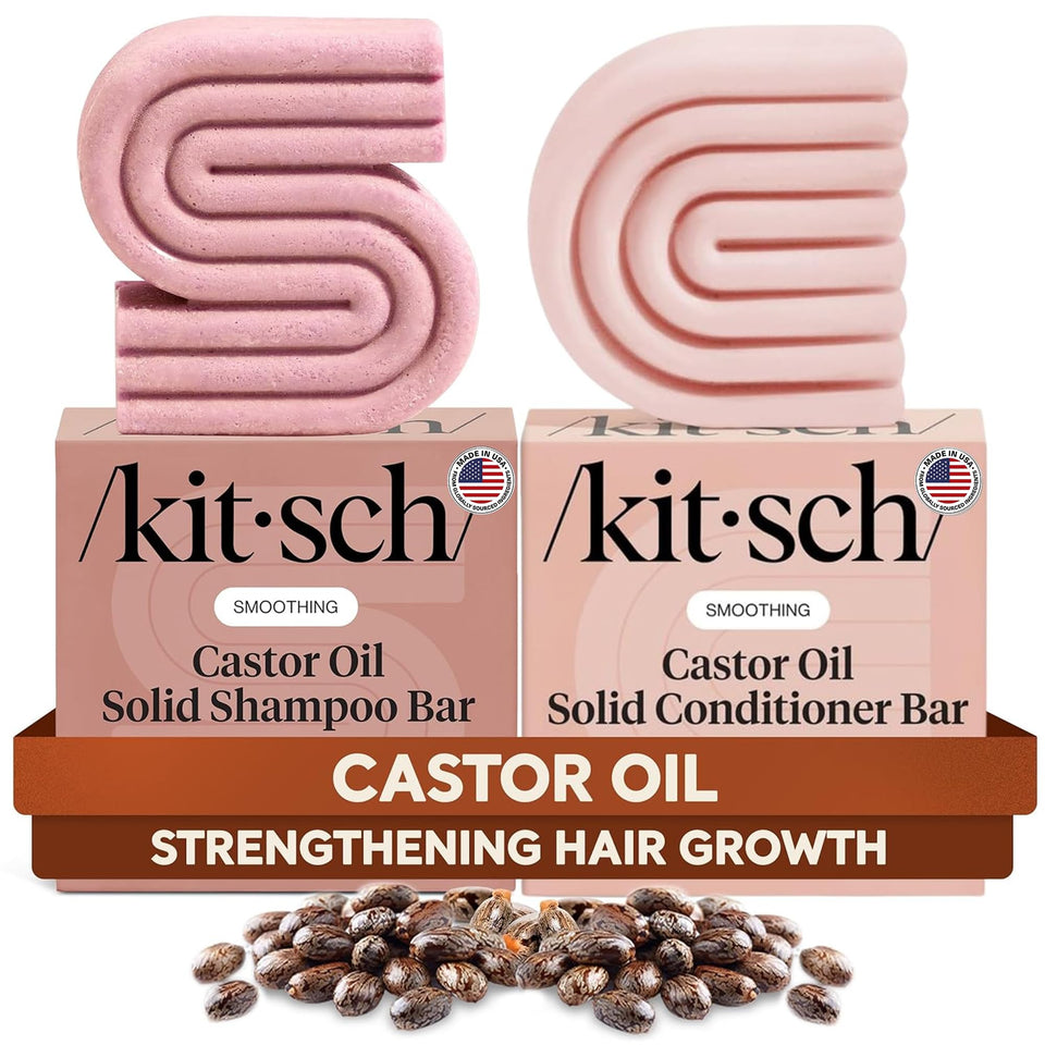 Kitsch front packaging showing eco-friendly castor oil hair bars and benefits