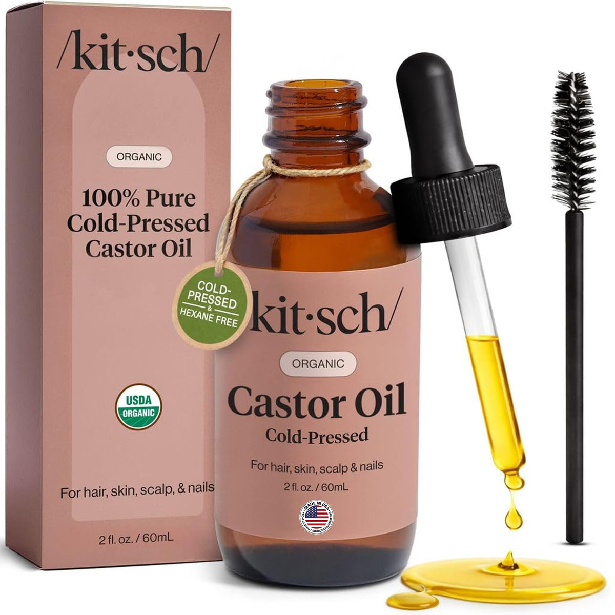 Kitsch front packaging 2 oz bottle shows organic castor oil and benefits
