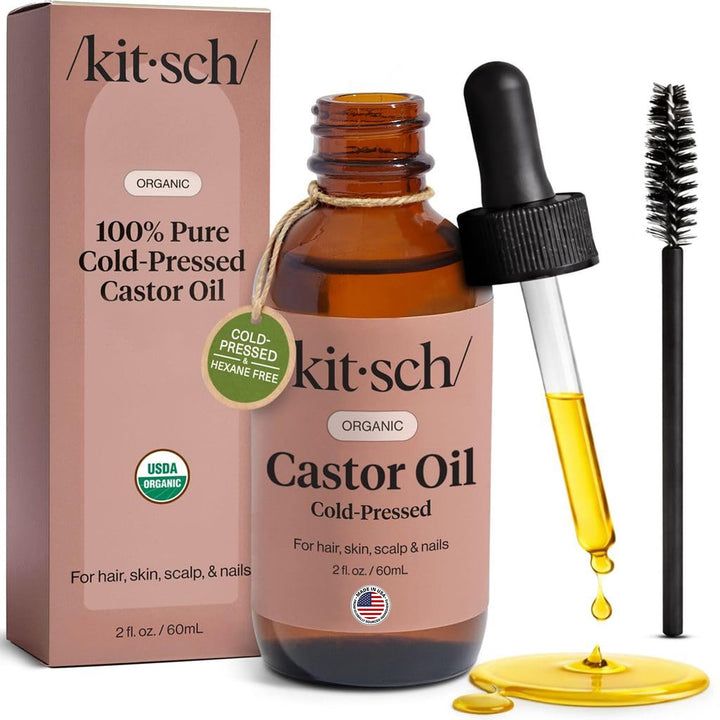 Kitsch front packaging 2 oz bottle shows organic castor oil and benefits