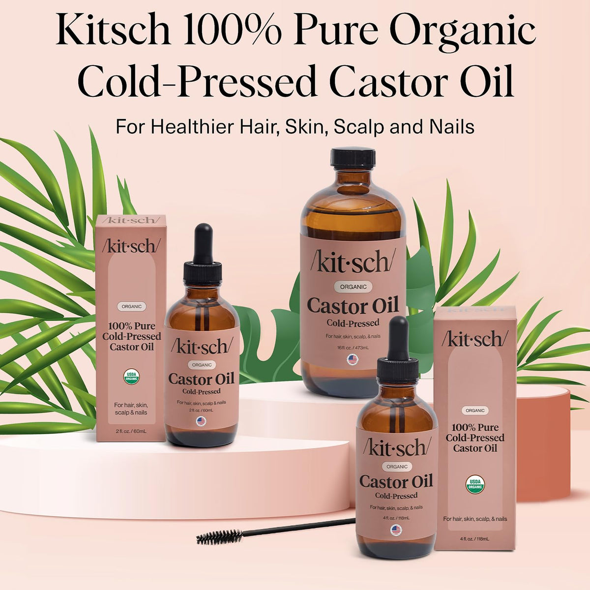 Kitsch castor oil on bathroom vanity as part of a nightly beauty routine