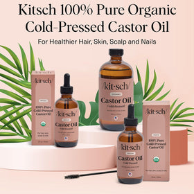 Kitsch castor oil on bathroom vanity as part of a nightly beauty routine