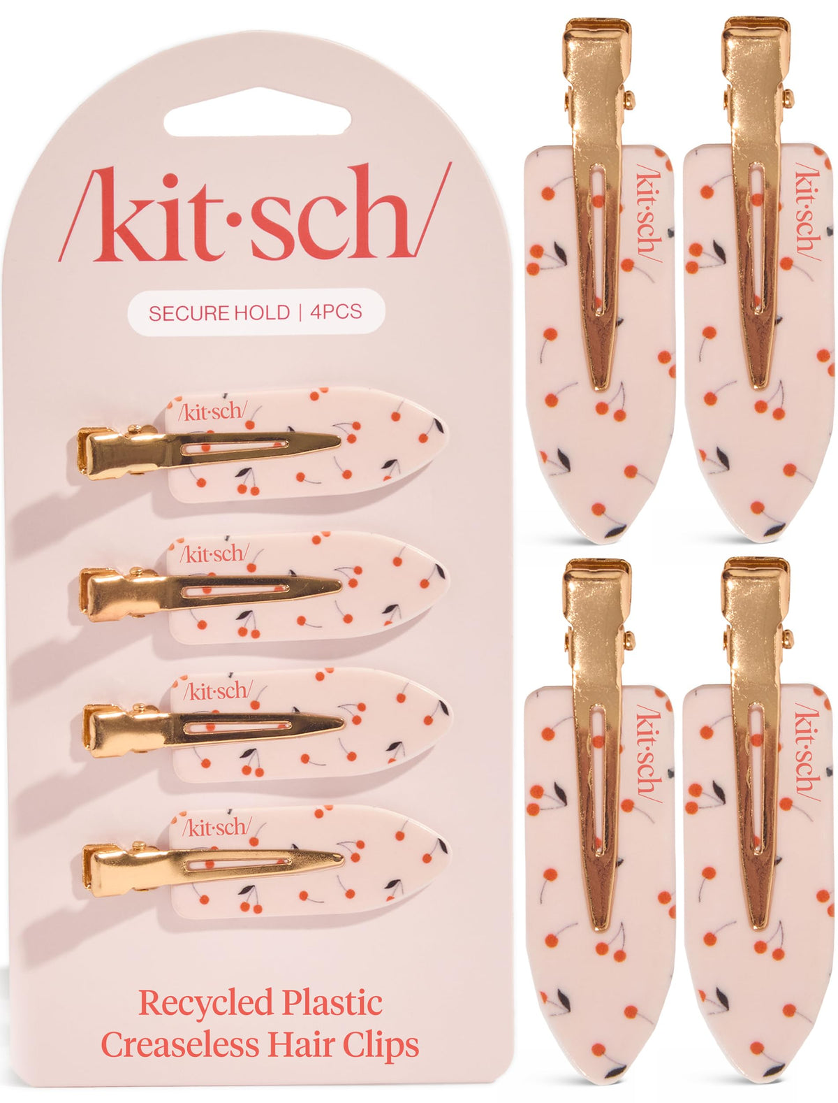 Kitsch cherry print front view showing four creaseless clips and neat design