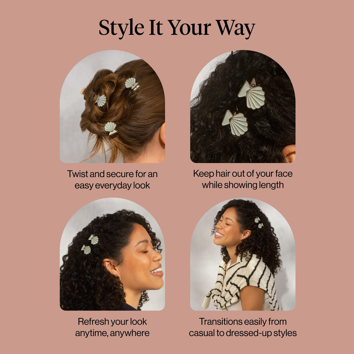 Kitsch clip used on a low bun adding polished detail and secure styling support