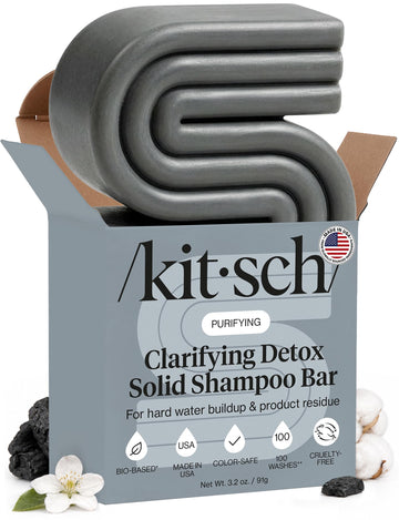 Kitsch clarifying shampoo bar front packaging showing product and size, promotes travel convenience