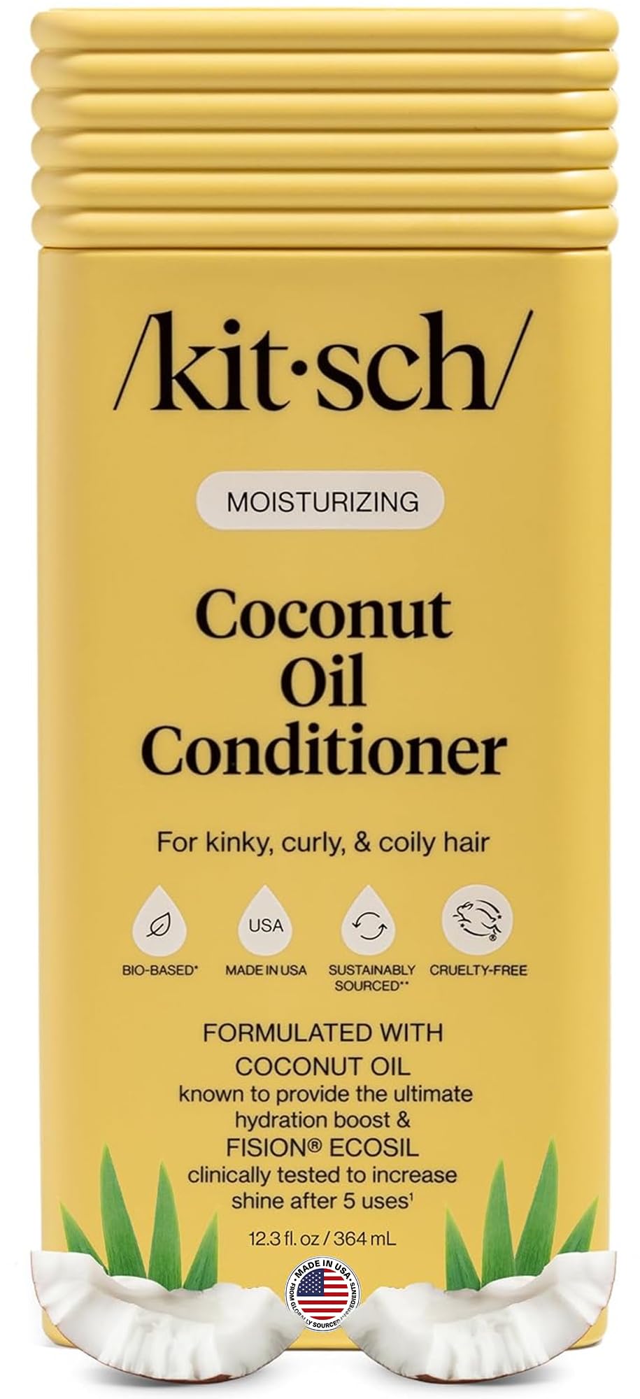 Kitsch bottle front view showing coconut conditioner benefiting hydration