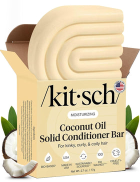 Kitsch conditioner bar front view showing compact solid bar and benefits