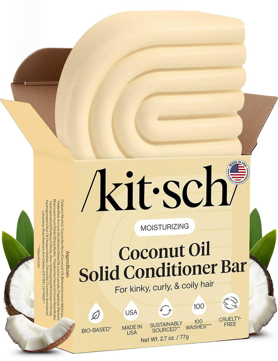 Kitsch conditioner bar front view showing compact solid bar and benefits