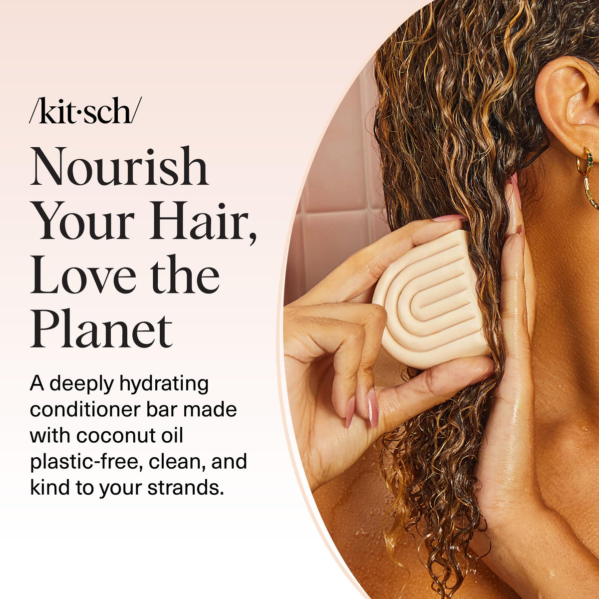 Kitsch conditioner bar ingredients close-up with coconut and shea for deep nourishment