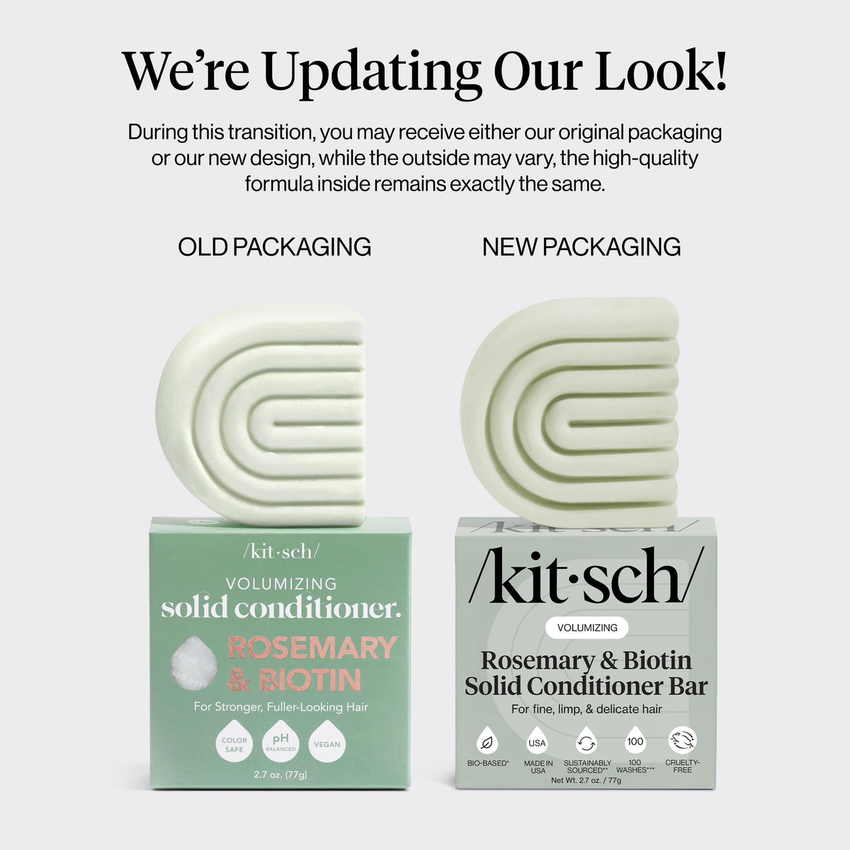 Kitsch conditioner bar label listing rosemary, biotin, and peptide ingredients