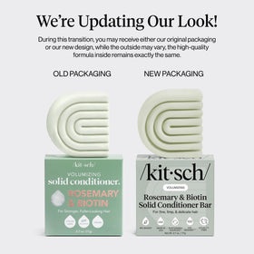 Kitsch conditioner bar label listing rosemary, biotin, and peptide ingredients