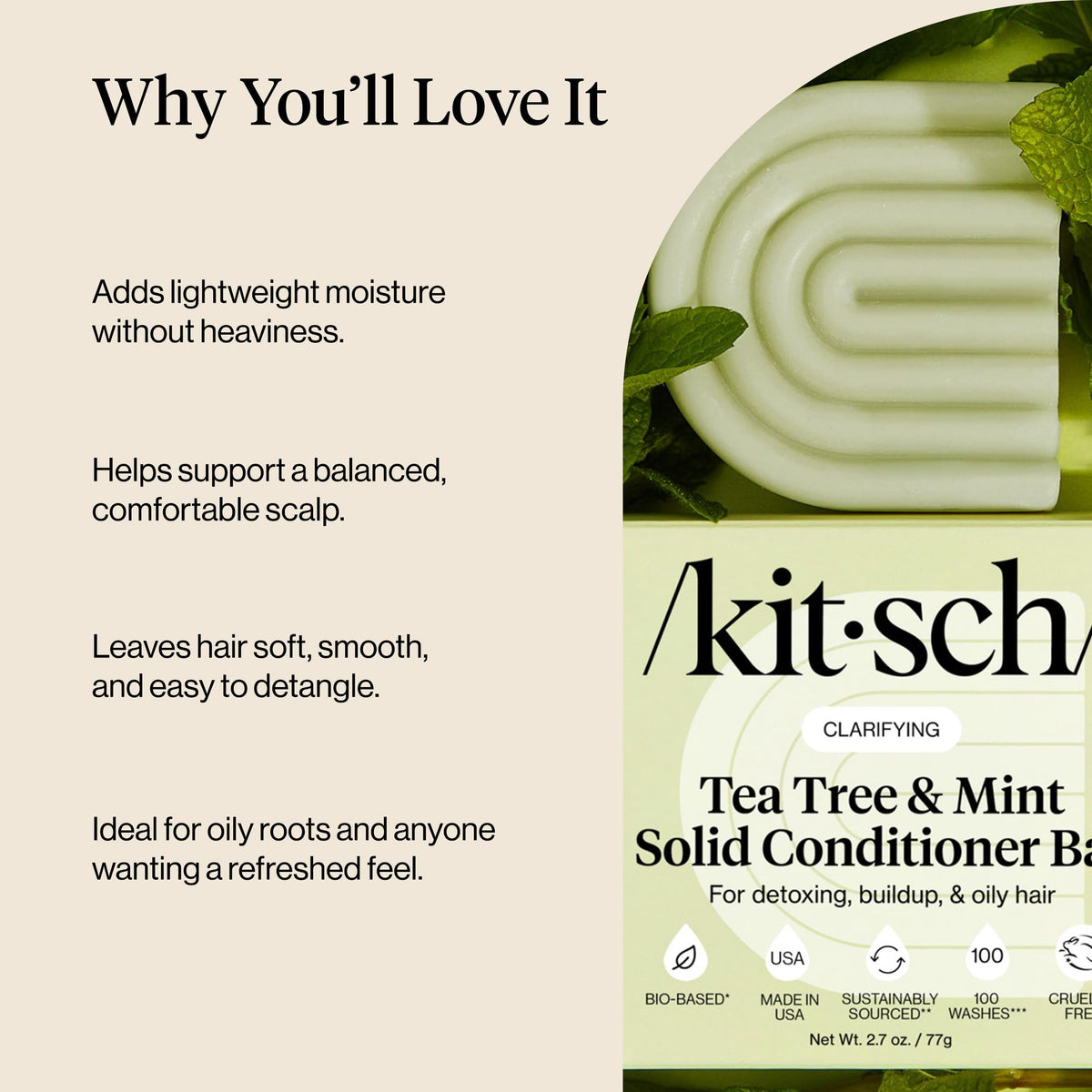 Kitsch conditioner bar next to recycled packaging to show plastic reduction