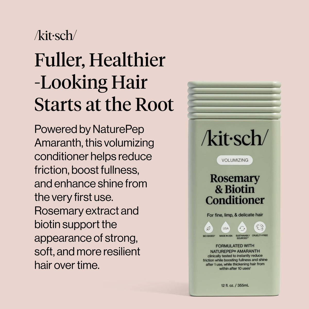Kitsch conditioner in hand to show bottle size and travel-friendly benefit