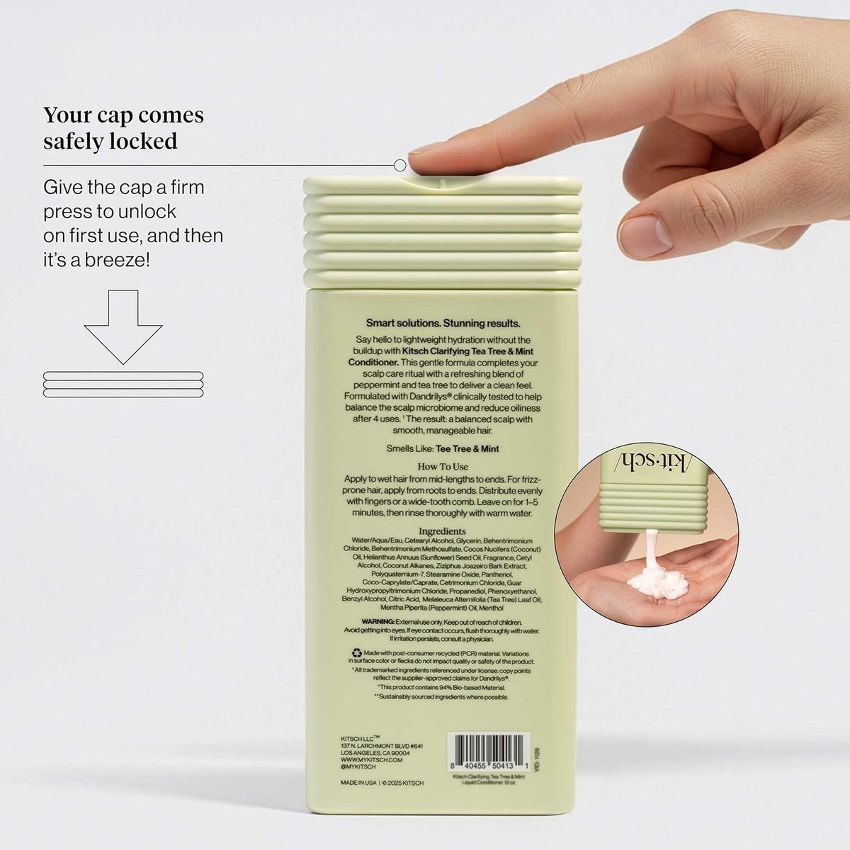 Kitsch bottle in hand dispensing conditioner for controlled use benefit