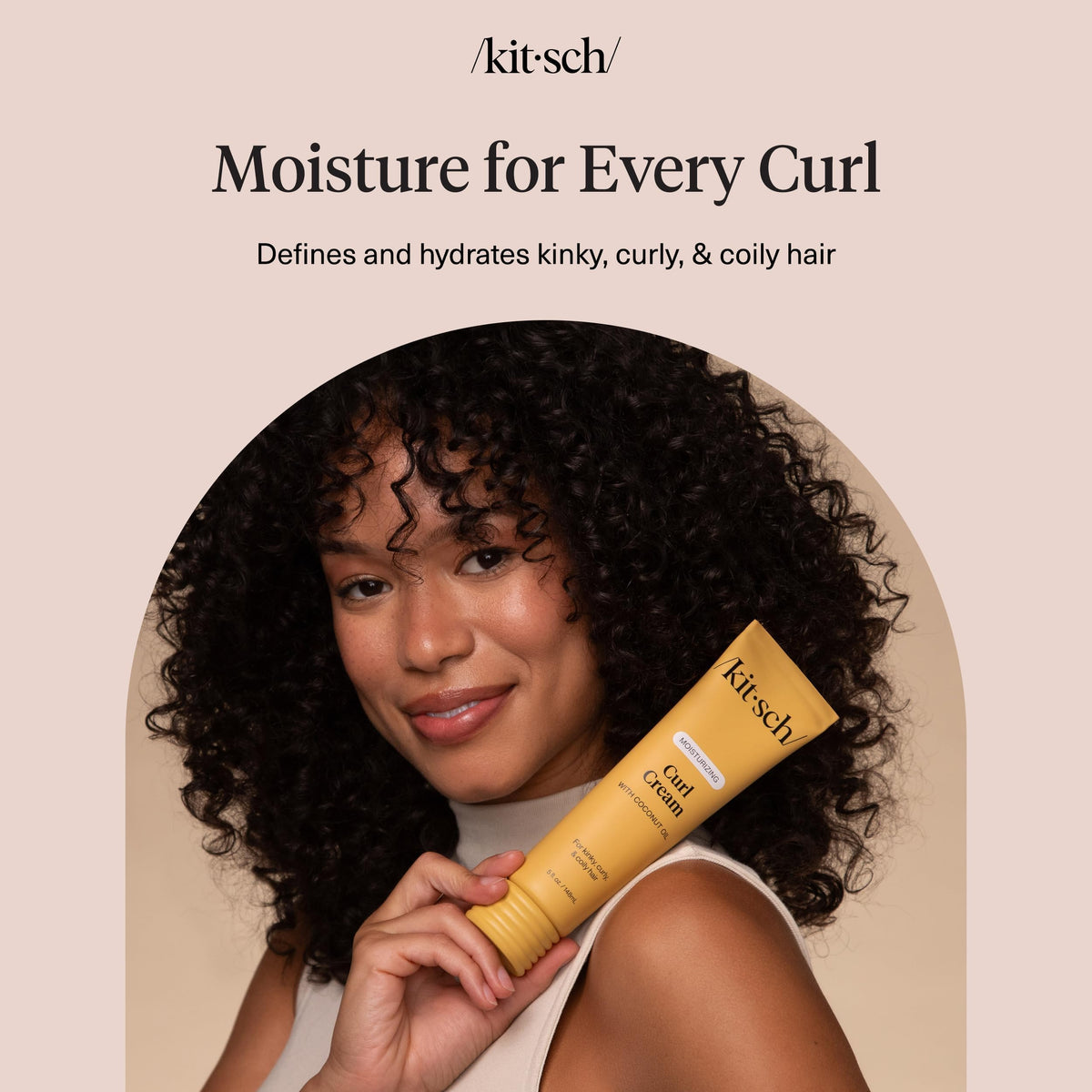 Kitsch close-up of curls showing added shine and touchable finish