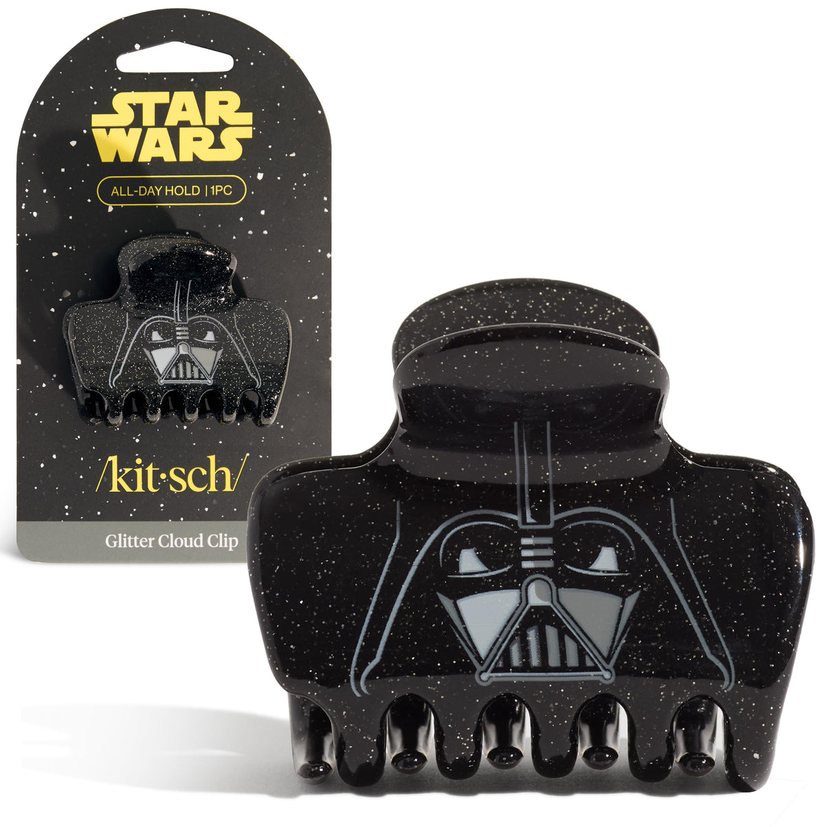 Kitsch Darth Vader front view showing clip and glitter finish for bold styling