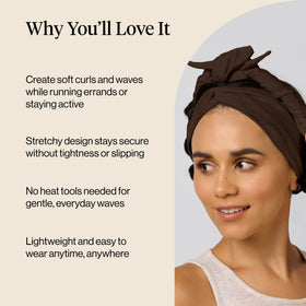 Kitsch model wrapping headband on long hair demonstrating easy heatless styling