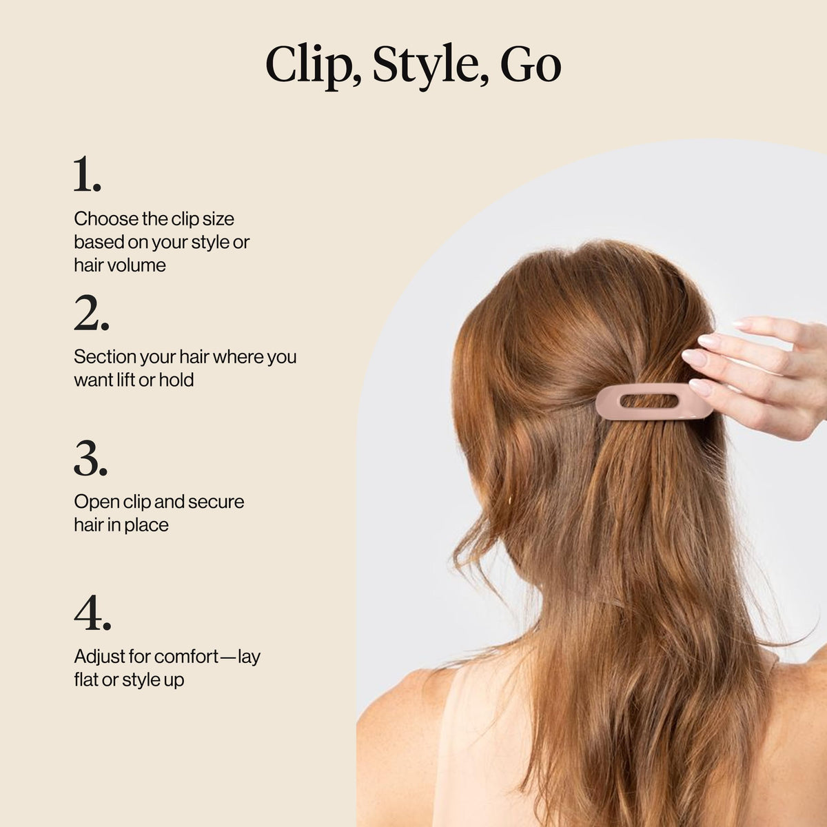 Kitsch clip securing a beach bun showing lightweight, travel-ready styling