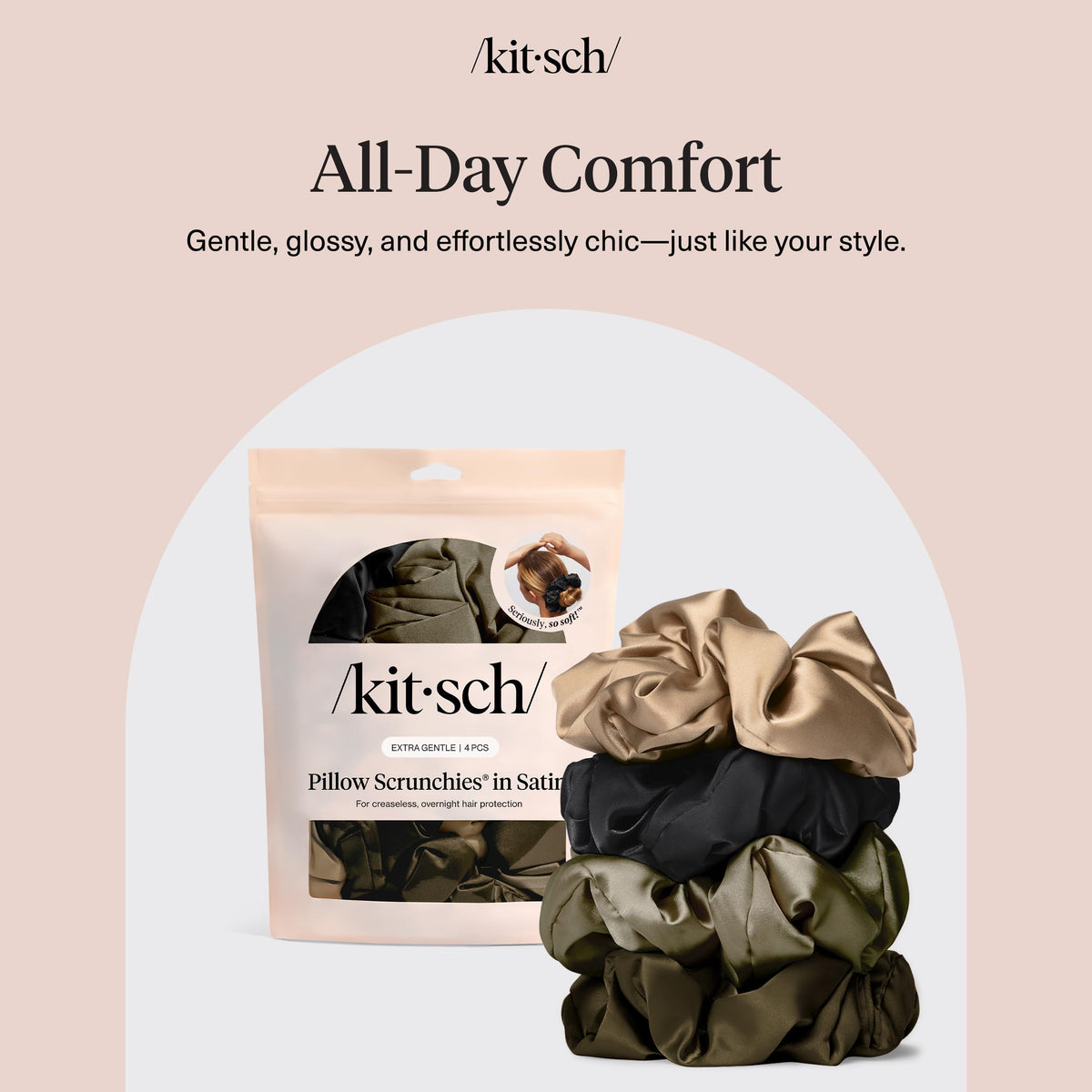 Kitsch four black scrunchies flat lay showing set value and everyday versatility benefit