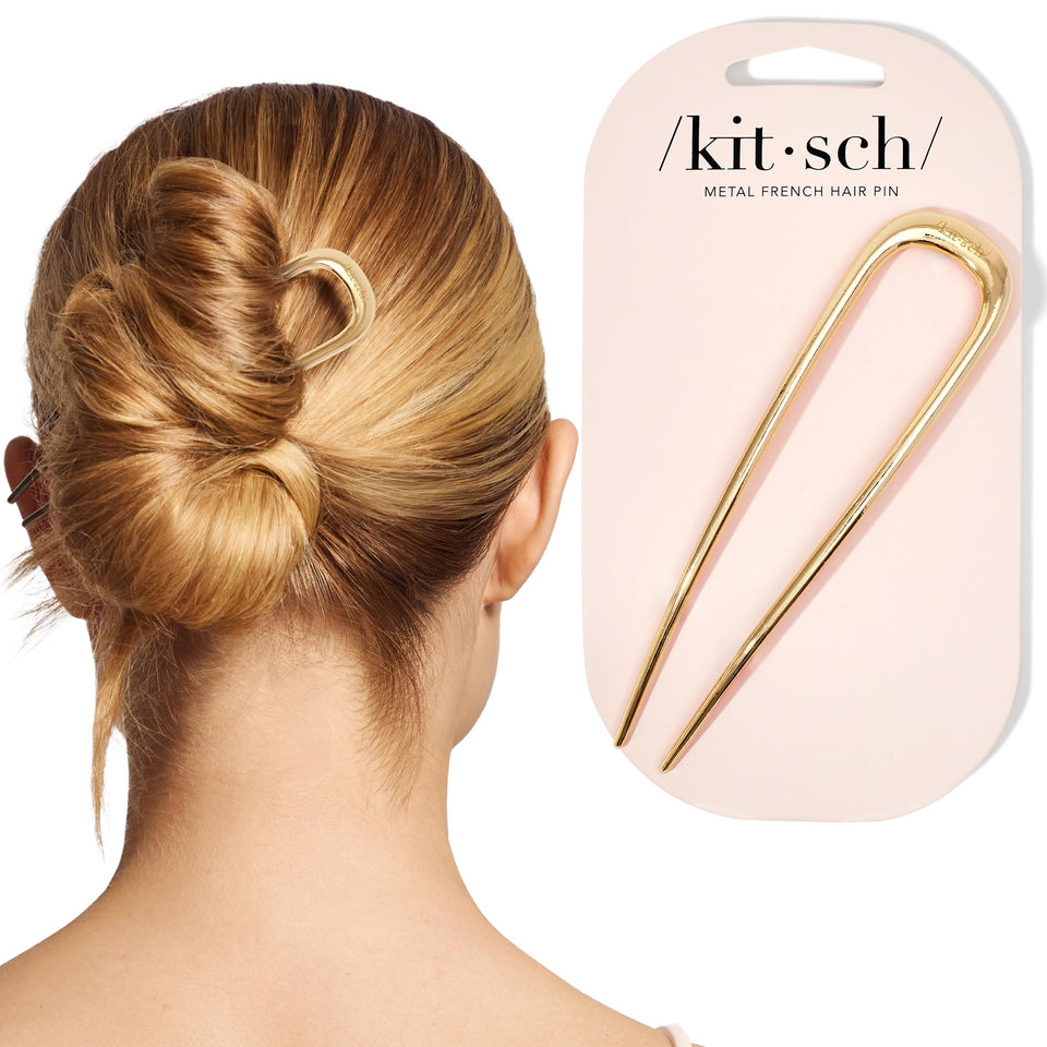 Kitsch front view of gold French hair pin showing streamlined silhouette and elegant finish