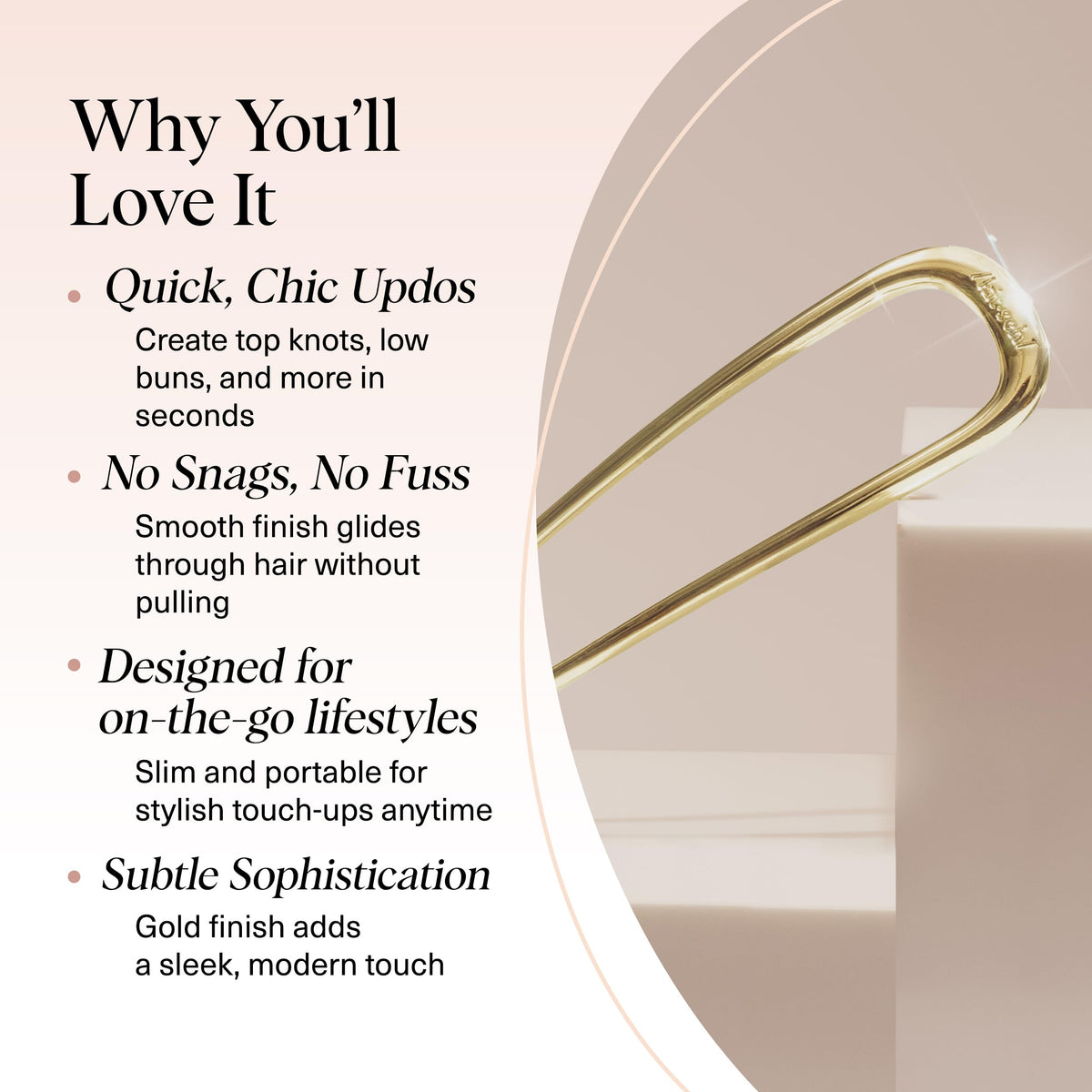 Kitsch hair pin securing a low bun demonstrating comfortable all-day hold and neat finish