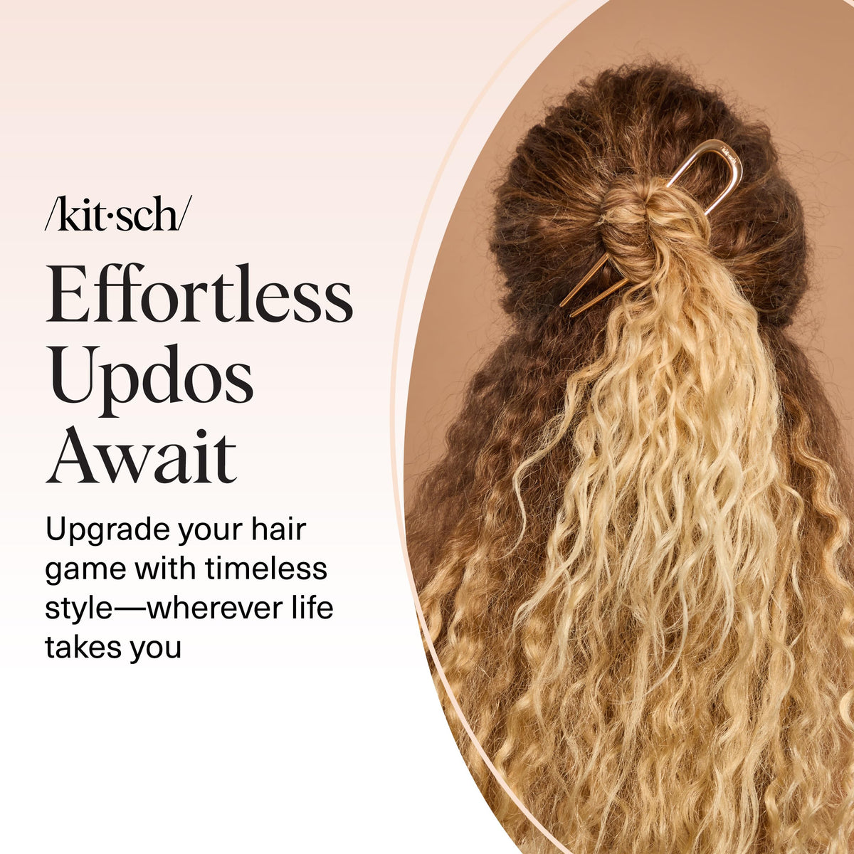 Kitsch lifestyle image of woman wearing the gold hair pin for a refined updo at an event