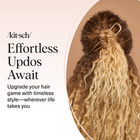 Kitsch lifestyle image of woman wearing the gold hair pin for a refined updo at an event