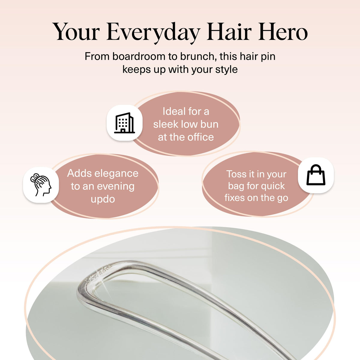 kitsch French hair pin side profile highlighting ergonomic U-curve for comfortable wear