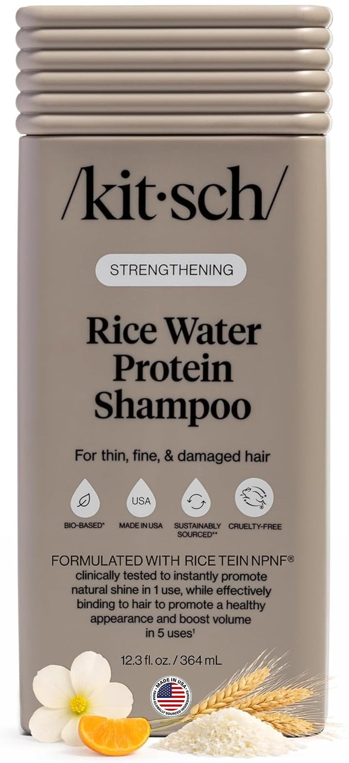 Kitsch bottle front view showing rice water shampoo and strengthening benefit