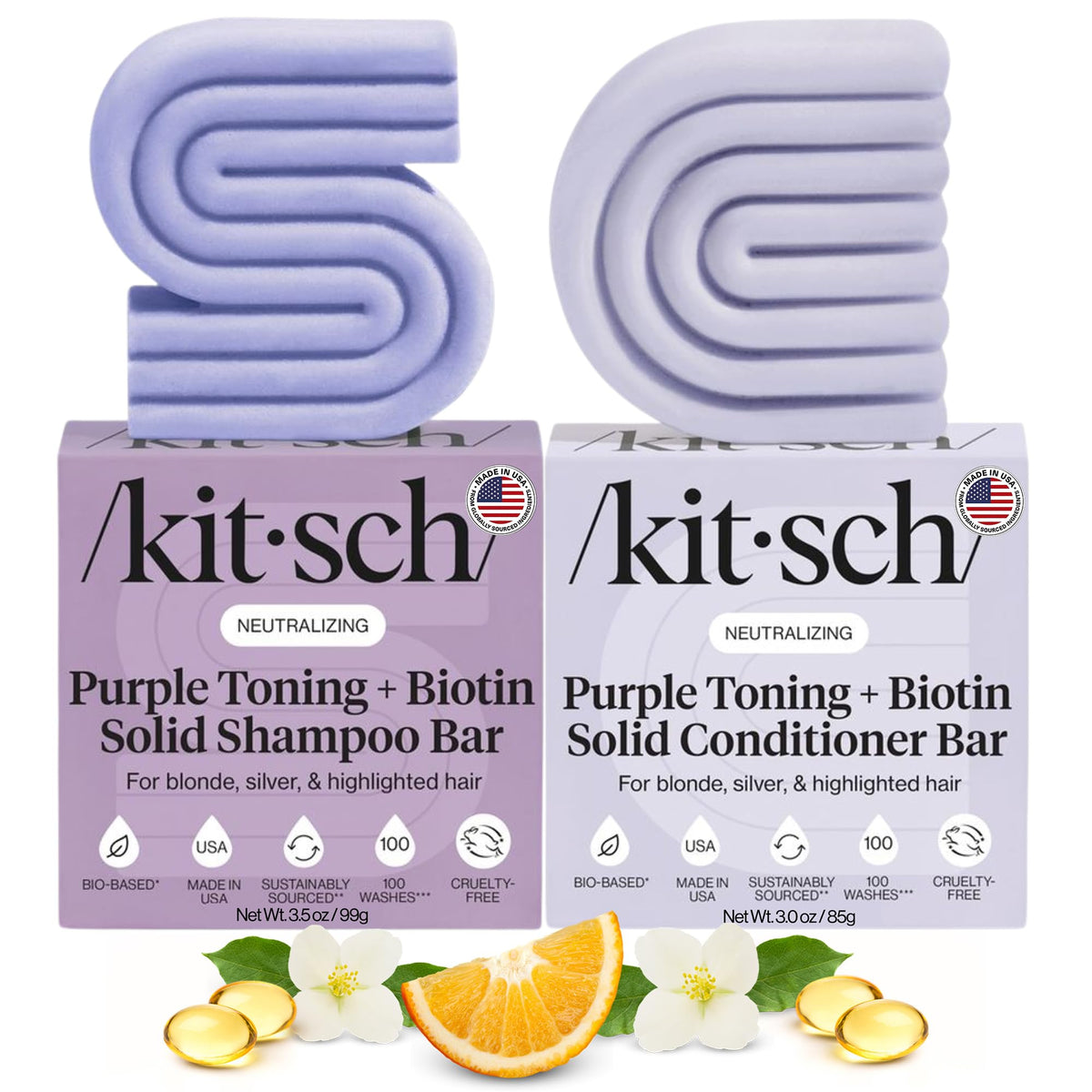 Kitsch front packaging showing the purple shampoo and conditioner bars and benefits