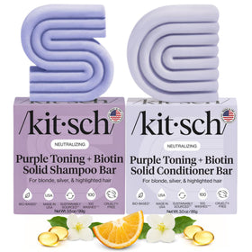 Kitsch front packaging showing the purple shampoo and conditioner bars and benefits