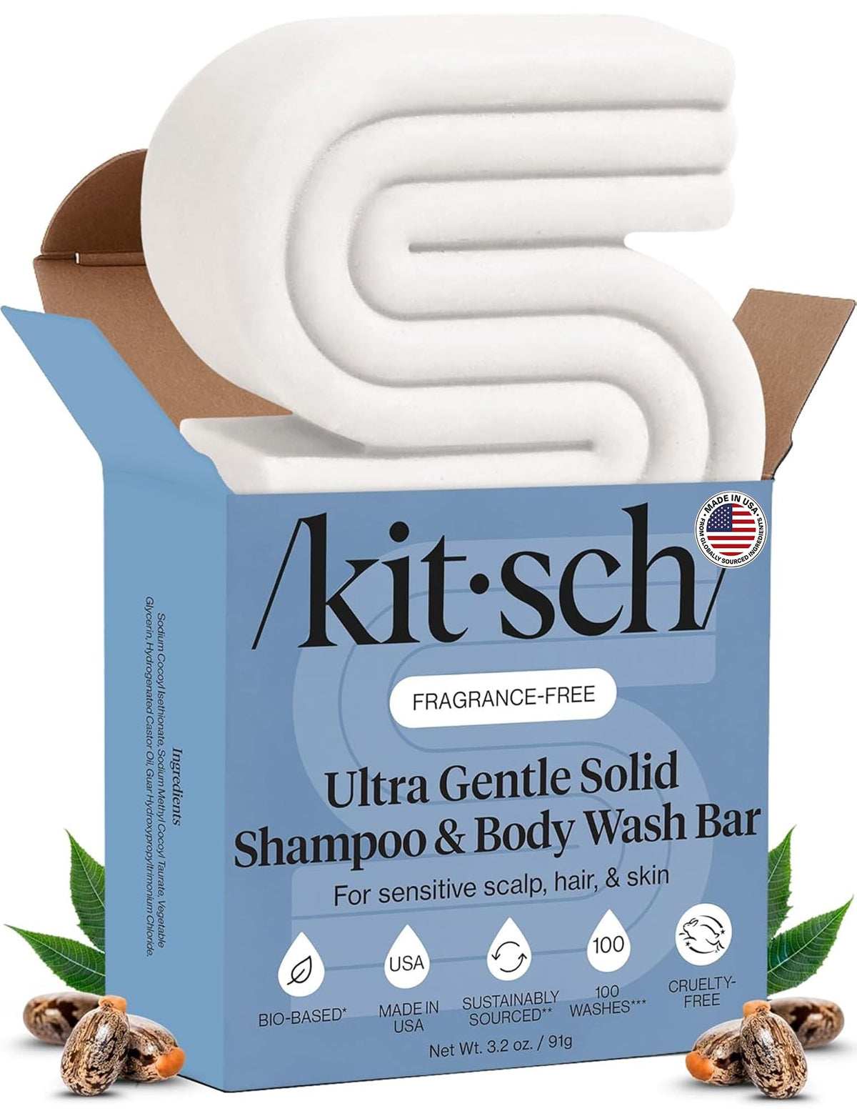 Kitsch front packaging showing the 2‑in‑1 shampoo and body bar benefit